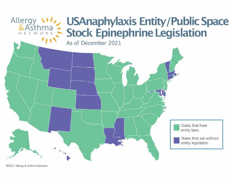 支持在公共场所储存肾上腺素的美国各州示意图。