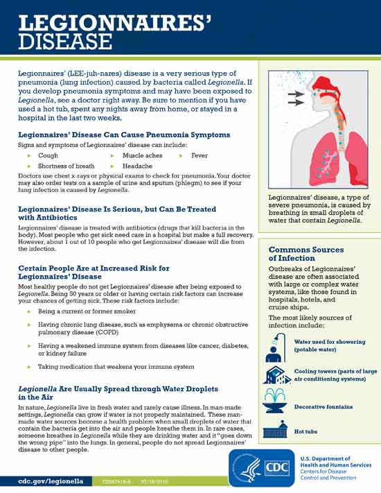Thumbnail of legionnaires disease infosheet. Fully accessible PDF is downloadable.