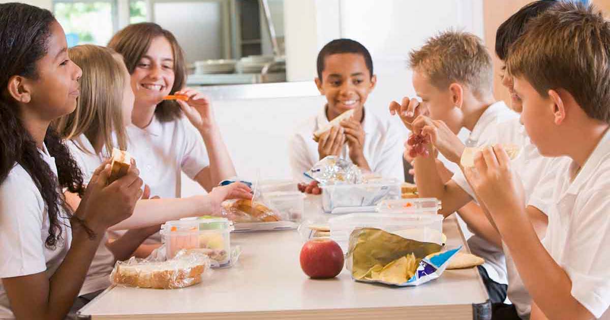 孩子们坐在学校的午餐桌旁吃饭和社交。