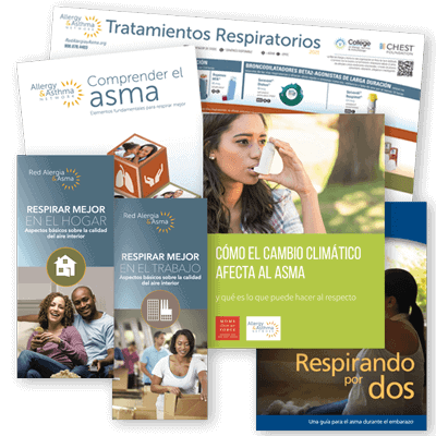 Collage of thumbnails of Hispanic resource products available from Allergy Asthma Network