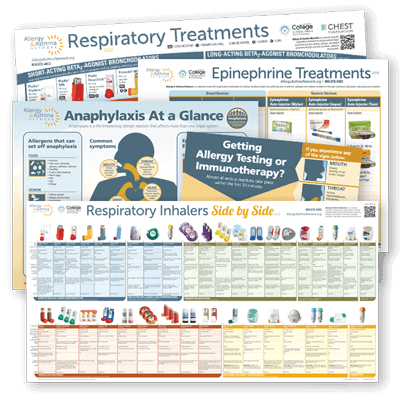 Collage of thumbnails of posters available from Allergy Asthma Network