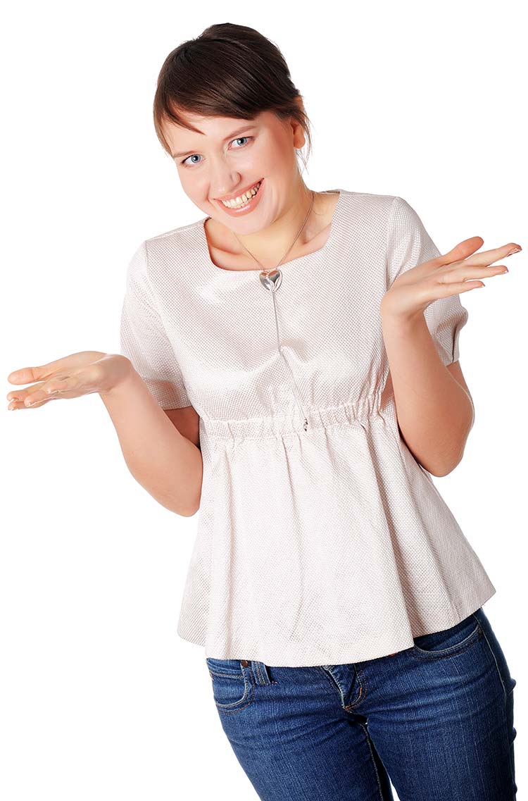 Woman shrugging her shoulders and hands with a smile on her face