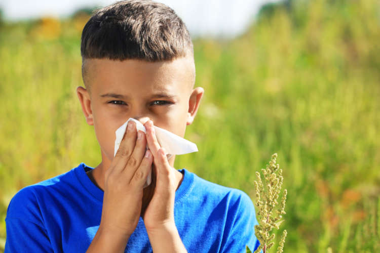 Little boy suffering from ragweed allergy outdoors