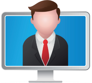 Webinar icon: Man with jacket and tie is looking like a presenter on a computer screen. He is partly over the top of the screen to give the appearance of being live.