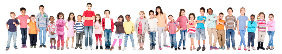 Photo of children of various ages standing in a line facing the camera. They are on a white background and wearing casual attire.