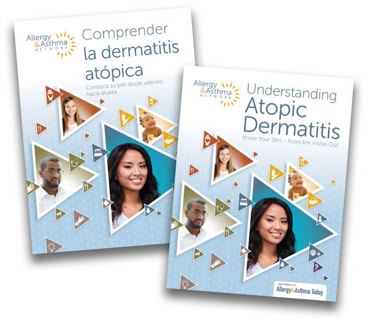 Graphic of Atopic Dermatitis publications covers in English and Spanish