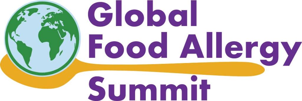 Global Food allergy summit logo of yellow spoon graphic holding a graphic of the earth