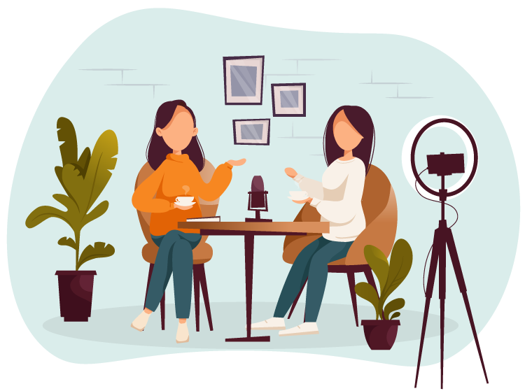 两个女人坐在桌子的卡通podcast