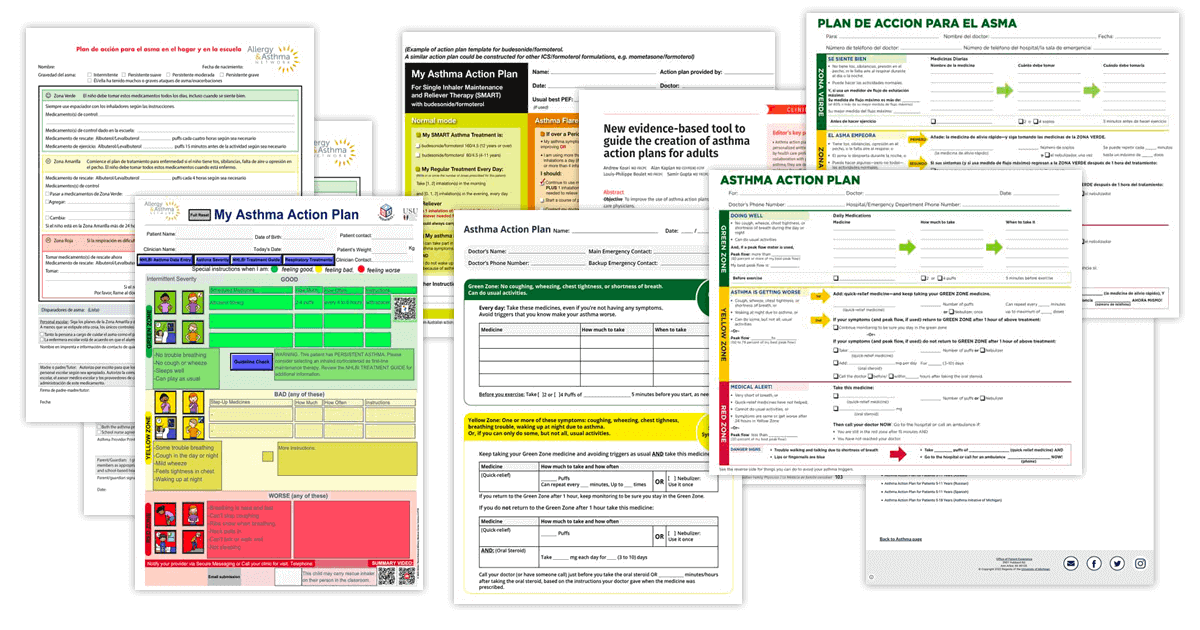 Montage of various Asthma Action Plan thumbnails linked below